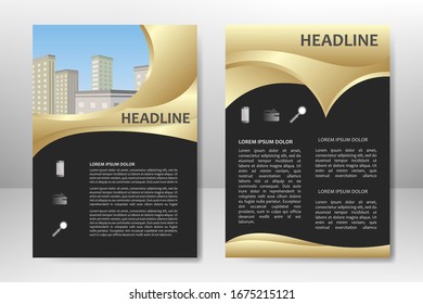 Diseño de plantillas vectoriales en color negro y dorado para folletos de negocios, volante, póster, folleto, presentación, informe anual, portada de revista, formación en equipo. A4