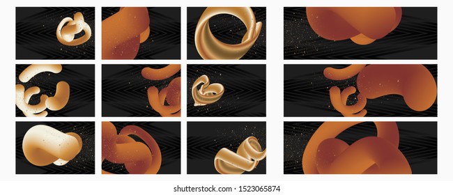 Black and gold colored banners templates set with 3D liquid black background. Fluid color holiday
