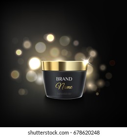 Black and gold cosmetic bank template for ads on a bokeh background, premium cosmetic product mockup for promotion. Vector brand illustration