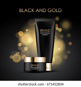 Black and gold cosmetics package template on abstract blurred background, vector design
