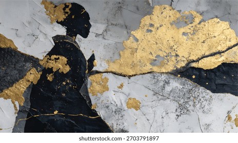Composición abstracta agrietada en negro y oro sobre texturas de mármol con movimiento orgánico, trazos dinámicos de medios mixtos, reflejos metálicos y un sofisticado diseño artístico moderno