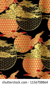 black and gold crane birds sky cloud japanese chinese vector design pattern