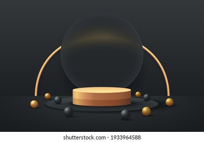 Black and gold cylinder pedestal podium. Minimal dark wall scene. Black and gold sphere ball decorate. Abstract vector rendering 3d shape for products display presentation. Luxury and elegant design.