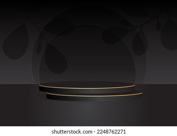Black, Gold cylinder pedestal podium. Stage showcase for product display presentation. Futuristic Sci-fi minimal geometric forms, empty scene. Abstract Mockup product display. Realistic vector 3D room