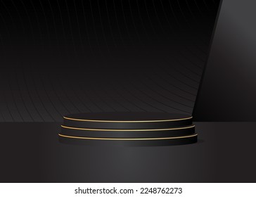 Black, Gold cylinder pedestal podium. Stage showcase for product display presentation. Futuristic Sci-fi minimal geometric forms, empty scene. Abstract Mockup product display. Realistic vector 3D room