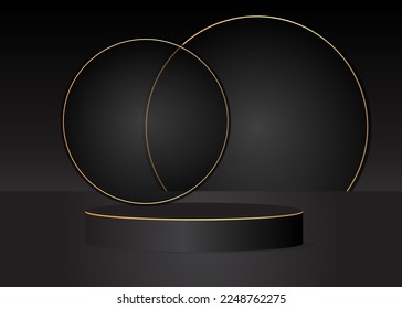 Black, Gold cylinder pedestal podium. Stage showcase for product display presentation. Futuristic Sci-fi minimal geometric forms, empty scene. Abstract Mockup product display. Realistic vector 3D room
