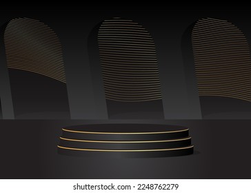 Black, Gold cylinder pedestal podium. Stage showcase for product display presentation. Futuristic Sci-fi minimal geometric forms, empty scene. Abstract Mockup product display. Realistic vector 3D room