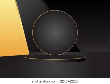 Black, Gold cylinder pedestal podium. Stage showcase for product display presentation. Futuristic Sci-fi minimal geometric forms, empty scene. Abstract Mockup product display. Realistic vector 3D room