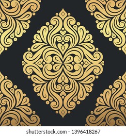 Black and gold damask seamless pattern. Vintage vector background template, luxury elements. Great for fabric, invitation, wallpaper, decoration, packaging or any desired idea.