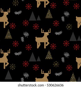 Black and gold deer in a forest seamless vector pattern. Winter snowy night repeat background.