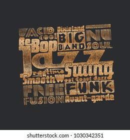 Black and Gold Design Jazz music. typography vector illustration.  