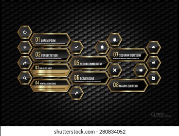 Black and gold design layout. Glossy hexagons as luxury user interface. Icons, buttons and symbols included.