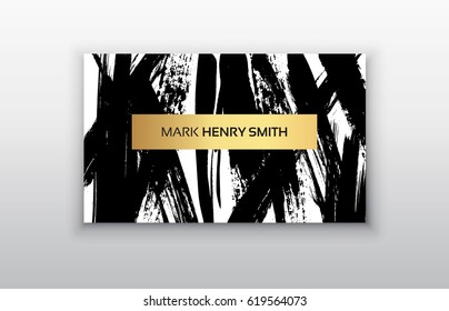 Black and Gold Design Templates for Brochures, Flyers, Mobile Technologies and Online Services. Business card templates with brush stroke background.