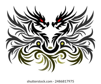 Black Gold Dragon Indonesian Mythology. A minimalist 2D line vector of a dragon on a white background.