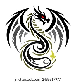 Black Gold Dragon Indonesian Mythology. A minimalist 2D line vector of a dragon on a white background.