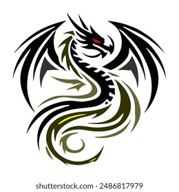 Black Gold Dragon Indonesian Mythology. A minimalist 2D line vector of a dragon on a white background.