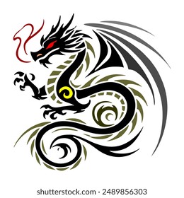 Black Gold Dragon Indonesian Mythology. A minimalist 2D line vector of a dragon on a white background.