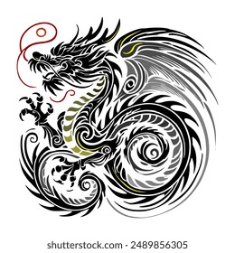 Black Gold Dragon Indonesian Mythology. A minimalist 2D line vector of a dragon on a white background.