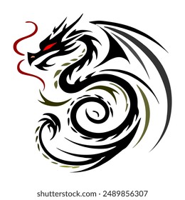 Black Gold Dragon Indonesian Mythology. A minimalist 2D line vector of a dragon on a white background.