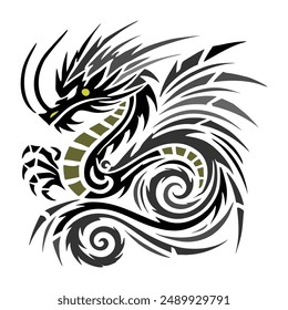 Black Gold Dragon Indonesian Mythology. A minimalist 2D line vector of a dragon on a white background.