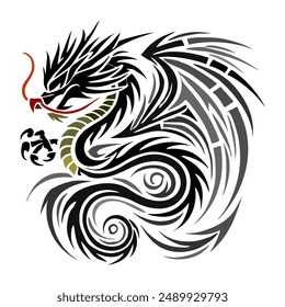 Black Gold Dragon Indonesian Mythology. A minimalist 2D line vector of a dragon on a white background.