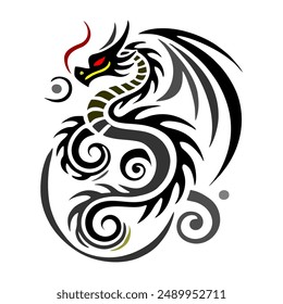 Black Gold Dragon Indonesian Mythology. A minimalist 2D line vector of a dragon on a white background.