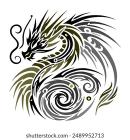 Black Gold Dragon Indonesian Mythology. A minimalist 2D line vector of a dragon on a white background.