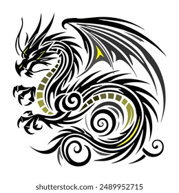 Black Gold Dragon Indonesian Mythology. A minimalist 2D line vector of a dragon on a white background.