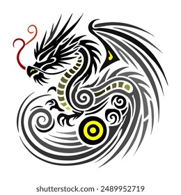 Black Gold Dragon Indonesian Mythology. A minimalist 2D line vector of a dragon on a white background.