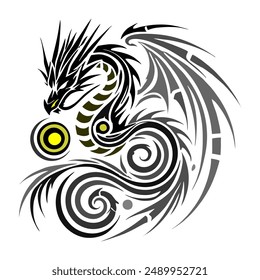 Black Gold Dragon Indonesian Mythology. A minimalist 2D line vector of a dragon on a white background.