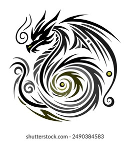 Black Gold Dragon Indonesian Mythology. A minimalist 2D line vector of a dragon on a white background.