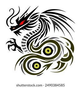 Black Gold Dragon Indonesian Mythology. A minimalist 2D line vector of a dragon on a white background.