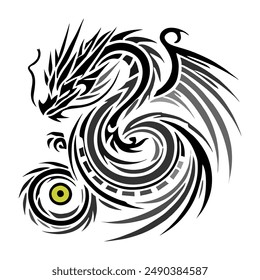 Black Gold Dragon Indonesian Mythology. A minimalist 2D line vector of a dragon on a white background.