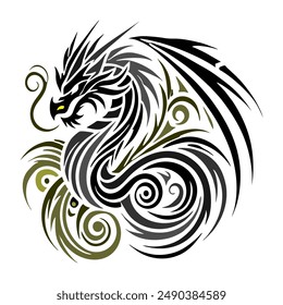 Black Gold Dragon Indonesian Mythology. A minimalist 2D line vector of a dragon on a white background.