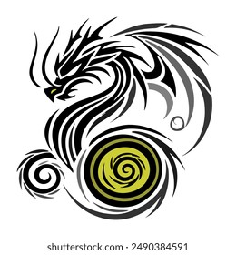 Black Gold Dragon Indonesian Mythology. A minimalist 2D line vector of a dragon on a white background.