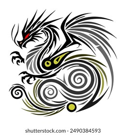 Black Gold Dragon Indonesian Mythology. A minimalist 2D line vector of a dragon on a white background.