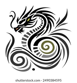 Black Gold Dragon Indonesian Mythology. A minimalist 2D line vector of a dragon on a white background.