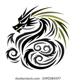 Black Gold Dragon Indonesian Mythology. A minimalist 2D line vector of a dragon on a white background.