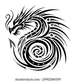 Black Gold Dragon Indonesian Mythology. A minimalist 2D line vector of a dragon on a white background.