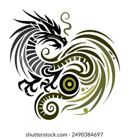 Black Gold Dragon Indonesian Mythology. A minimalist 2D line vector of a dragon on a white background.