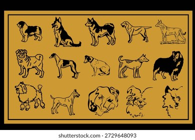 Black And Gold Draw Lots of Different dogs Art Designs
