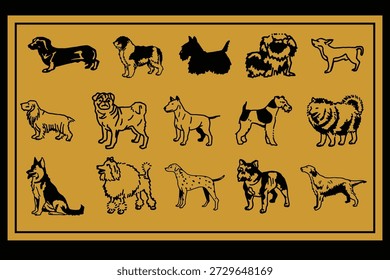 Black And Gold Draw Lots of Different dogs Art Designs