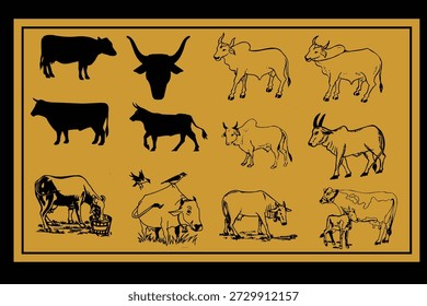 Schwarz und Gold zeichnen viele verschiedene COW und Ochsenkunst Designs