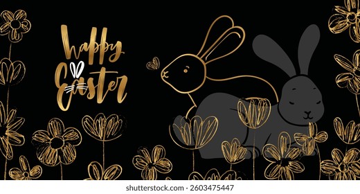 Black and gold Easter banner design with hand drawn vector cute rabbit and sketched doodles of flowers. Happy Easter design for banners, social media, invitations, web and print.