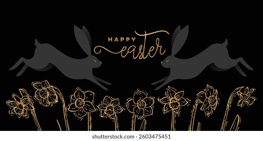 Black and gold Easter banner design with hand drawn vector cute rabbits, spring flowers like daffodil. Awesome font design written Happy Easter. 