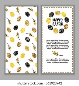 Black and gold Easter greeting cards. Concept with eggs and emblems for greeting cards and banners.
