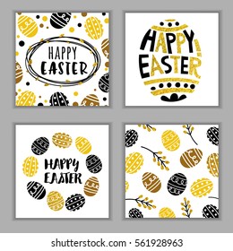 Black and gold Easter greeting cards. Concept with eggs and emblems for greeting cards and banners.
