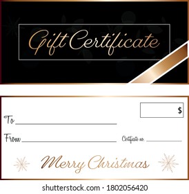 certificado de regalo de elegancia en negro y oro navidad diseño vectorial frente y atrás 