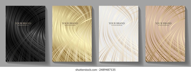 Conjunto de diseño de cubierta elegante en negro y oro. Fondo de Arte vectorial de lujo moderno. Plantilla de moda de Premium para diseño de portada, invitación, flyer, tarjeta de boda, libreta, diseño de menú.