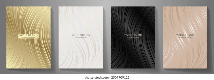 Black and gold elegant cover design set, waves pattern. Modern Luxury vector art background. Premium fashionable template for cover design, invitation, flyer, wedding card, note book, menu design. 